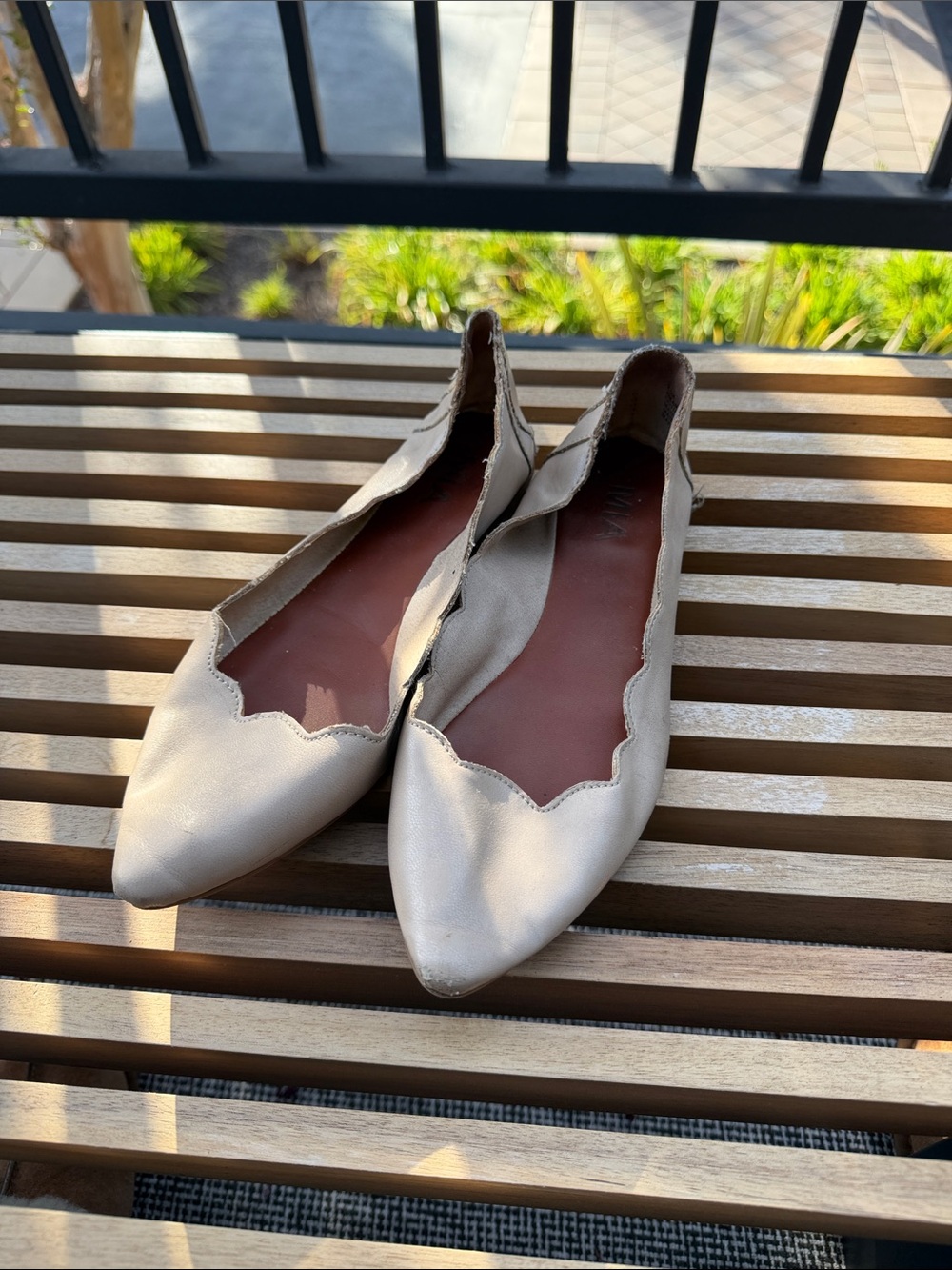 MIA Scalloped Pointed-Toe Slip-On Flats in Beige